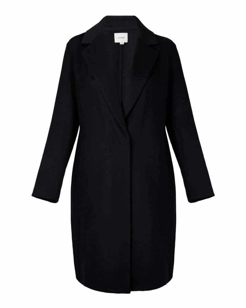Front of a size 1X Classic Straight Coat in Black by Vince. | dia_product_style_image_id:283195